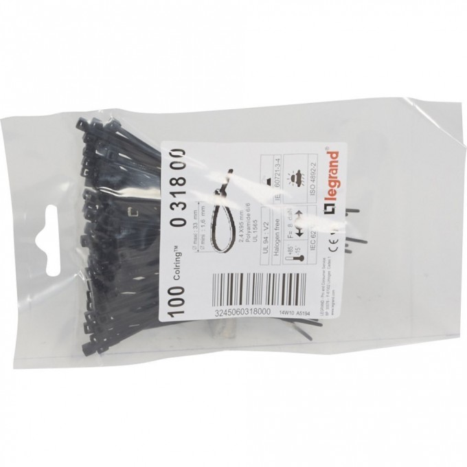 Монтажный хомут LEGRAND Colring ширина 2.4 мм длина 95 мм упаковка 100 шт чёрный 031800