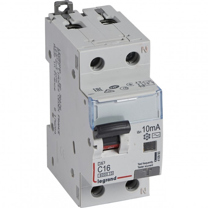 Автоматический выключатель дифференциального тока LEGRAND DX³ 6000 10 кА тип характеристики С 1П+Н 230 В 16 А тип AС 10 мА 2 модуля белый 410993