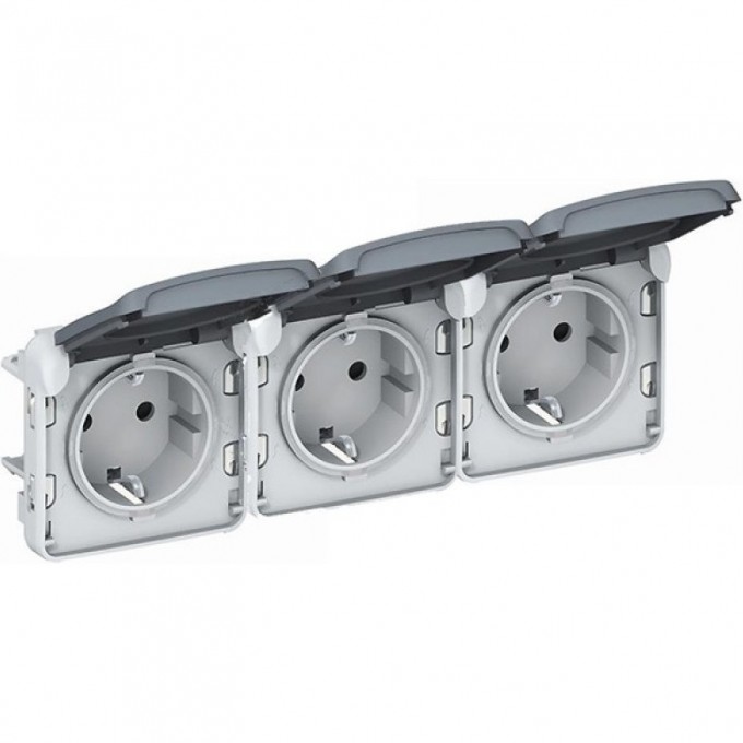 Розетка тройная LEGRAND Plexo 3х2К+З 16А горизонтальная, с автоматическими зажимами, IP55, серый 69578